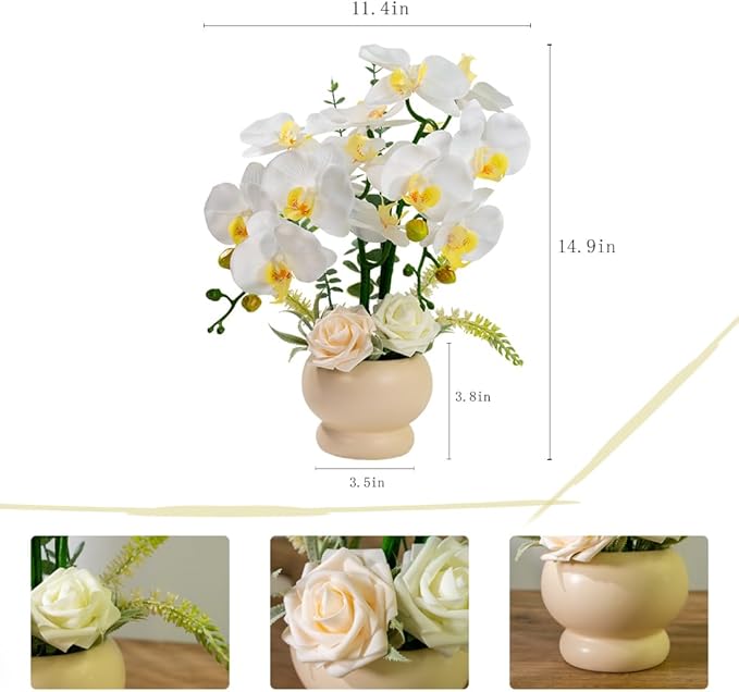 LESING Artificial Orchid Flower with Vase, White Orchid Bonsai Faux Orchid Phalaenopsis Plant Pot Arrangements for Home Decoration (White,Beige Vase)