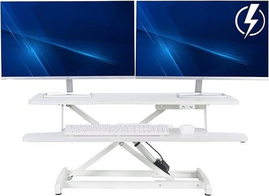VIVO 36 inch Electric Motor Desk Converter, Height Adjustable Riser, Sit to Stand Dual Monitor and Laptop Workstation with Wide Keyboard Tray, White, DESK-VE36W
