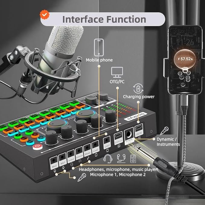 F999MAX Live Sound Card, Professional Audio Mixer & Noise Reduction, Metal Body & Indicator Panel, Audio Interface & Voice Changer, RGB Lighting Effects, DJ Mixer for Live/Gaming/Podcasting/Karaoke