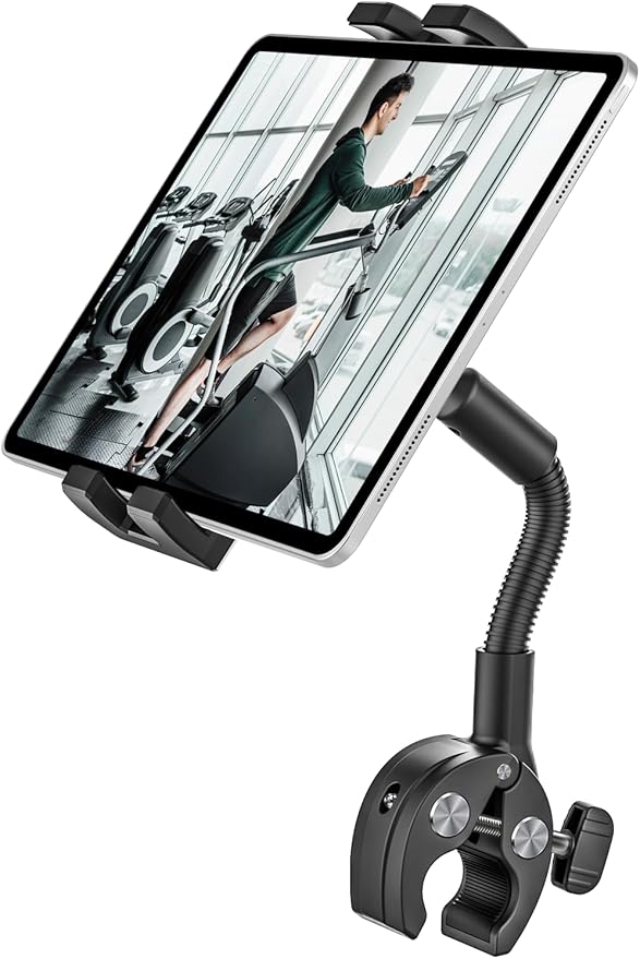 woleyi Gooseneck Tablet Bike Mount for Indoor Cycling, Gym Treadmill, Spin bike, Stationary Exercise bicycle, Peloton Handlebar, Elliptical, Stroller Clamp for iPad Pro/Air/Mini, Phone, 4.7-13" Tablet