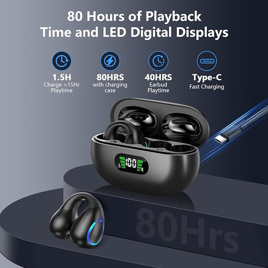 Open Ear Bone Conduction Headphones Bluetooth 5.3 Clip On Earbuds with Digital Display Charging Case 60 Hours Playtime Sport Earphones Built-in Mic IPX7 Waterproof for Running Fitness Black
