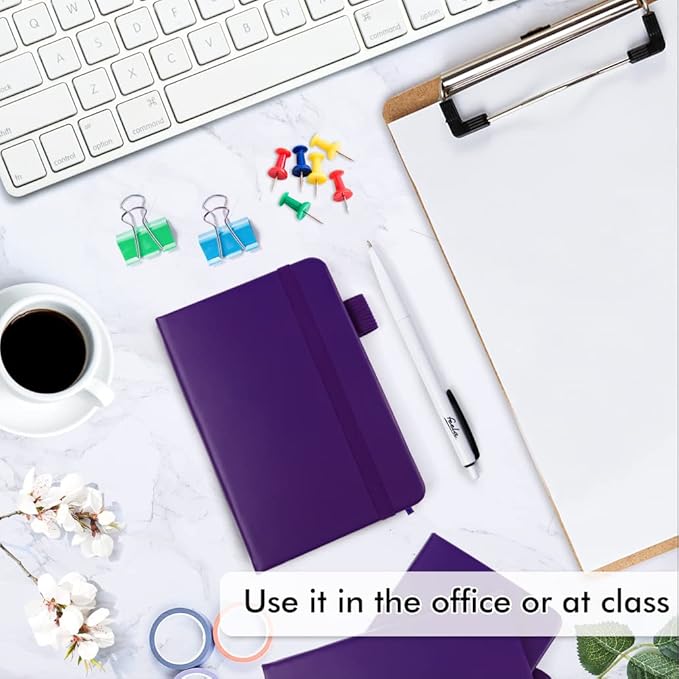 feela 3 Pack Pocket Notebook Journals, Mini Cute Small Journal Notebook Bulk Hardcover College Ruled Notepad with Pen Holder for Office School Supplies, with 3 Black Pens, 3.5”x 5.5”, A6, Purple
