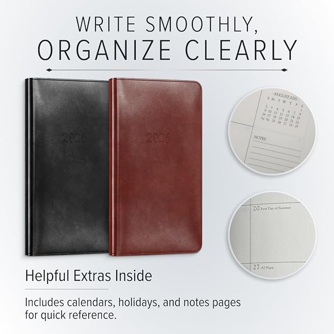 Gallery Leather Pocket Monthly Planner 2025-2026, Elegantly Bound Calendar Planner and Notebook with Stylish Gold-Gilded Page Edges, 18 Months - Acadia Navy - US Air Force - 6x3.25"