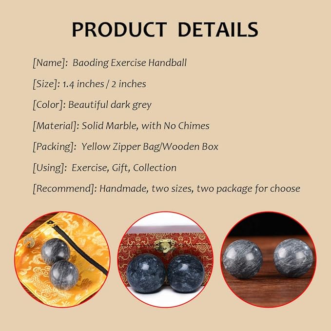 BRABUD Marble Hand Balls Dark Grey Chinese Health Exercise Baoding Balls Stress Relief 1.4'' BS004