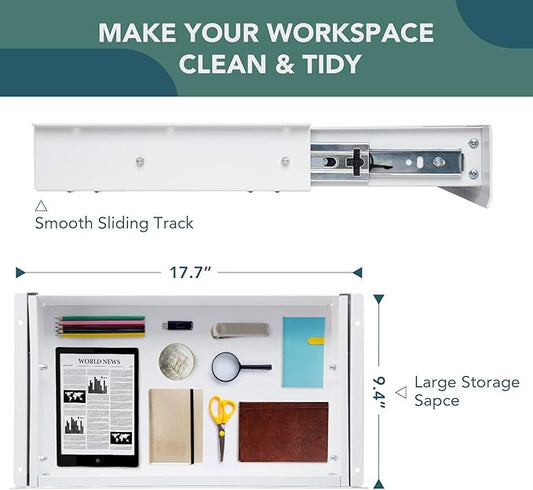 FLEXISPOT Under Desk Drawer 17.7in Wide Pull-Out Drawer for Storage Slide-out Under Desk Organizer for Office Home(L, White)