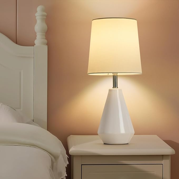 Small Bedside Table Lamp for Bedroom-Reading Desk Lamp Set of 2,with 3 Color Temperatures,15.5" Nightstand Ceramic Lamp with Fabric Shade for Kids Room,Living Room,Dorm,Home Office(White)