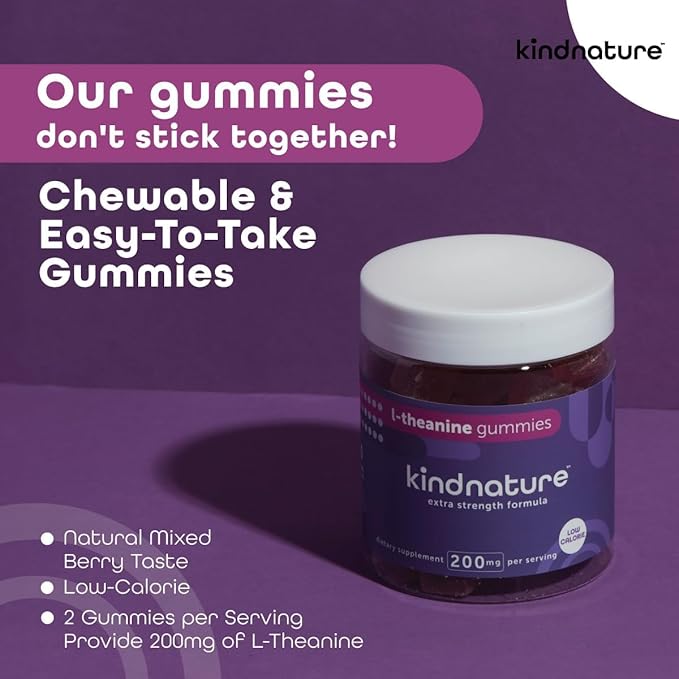 kindnature L-Theanine Gummies 200mg – Vegan Calm & Focus Supplement for Adults & Kids Ages 4+ – Mixed Berry Chewable, Low Sugar, Non-Drowsy*