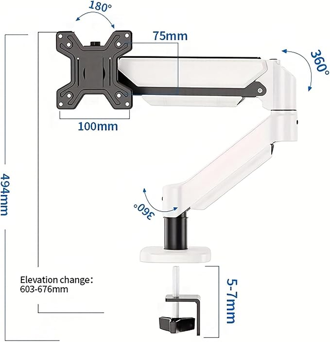 Ultrawide Monitor Arm for 13 to 32 inch Flat/Curved Computer Screen, Gas Spring Single Monitor Mount Holds up to 17.63 lbs, Clamp & Grommet Base, VESA 75x75/100x100mm, White