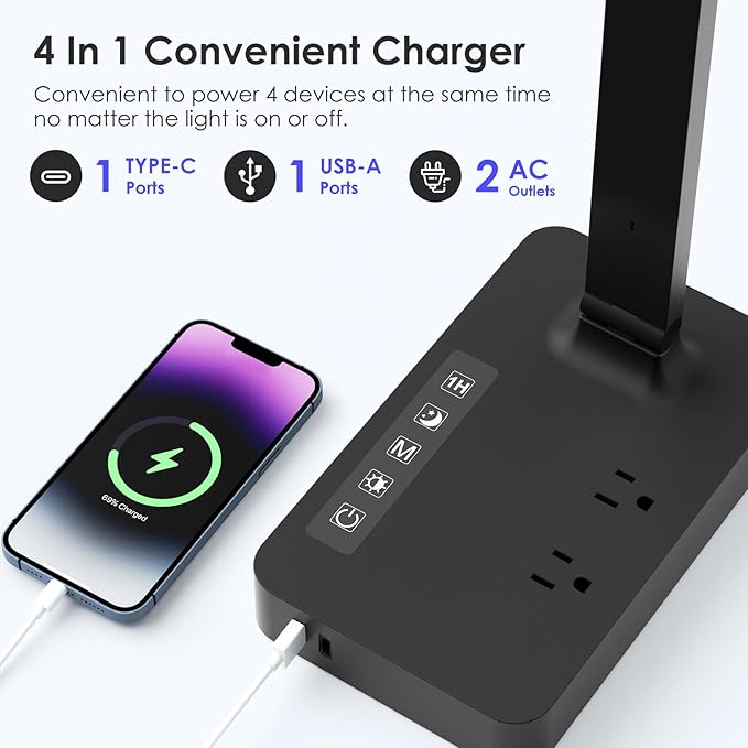 Infiway Desk Lamp with USB Charging Port: LED Desk Lamps for Home Office - 1 USB-A, 1 Type-C Charging Port, 2 AC Power Outlets, Touch Control Dimmable 5 Color 5 Brightness, Night Light(Black)