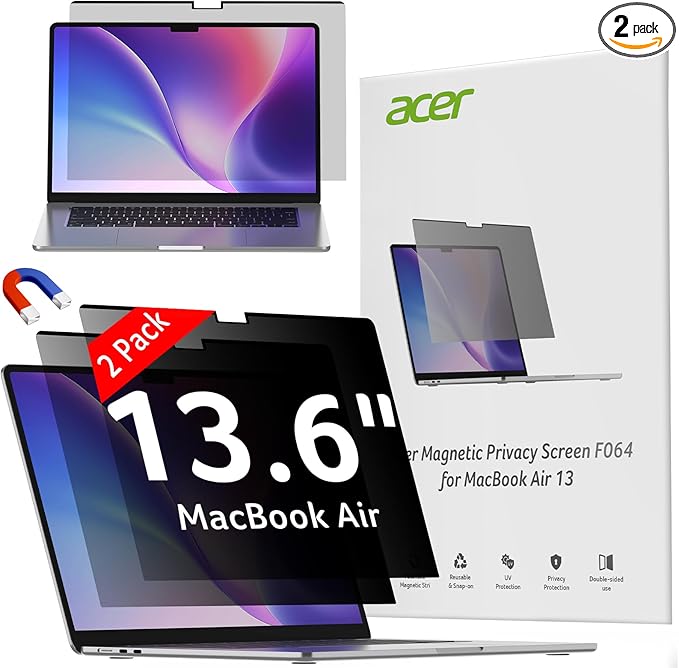 acer [2 Pack] Laptop Privacy Screen for MacBook Air 13 Inch (2022-2025 M1,M2,M3,M4), Eye Protection Anti Spy/Glare Blue Light Computer Monitor Privacy Filter, Dual-sided Magnetic & Removable