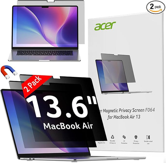 acer [2 Pack] Laptop Privacy Screen for MacBook Air 13 Inch (2022-2025 M1,M2,M3,M4), Eye Protection Anti Spy/Glare Blue Light Computer Monitor Privacy Filter, Dual-sided Magnetic & Removable