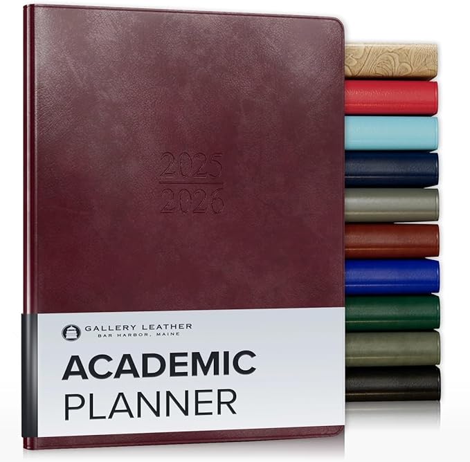 Gallery Leather Academic Planner 2025-2026, Teacher and Student Weekly Monthly Planner, Elegantly Bound Calendar with Gold-Gilded Page Edges, 18 Months - Acadia Burgundy - 9x7"