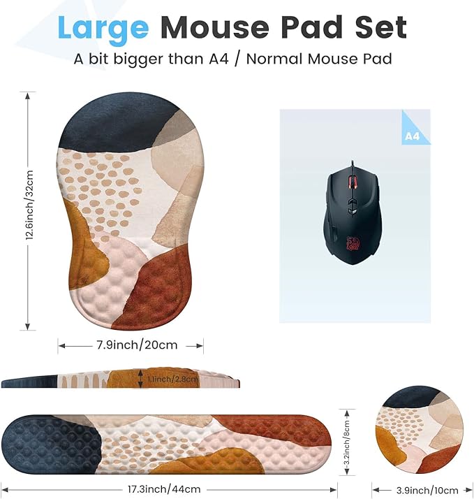 HAOCOO Ergonomic Mouse Pad Wrist Support and Keyboard Wrist Rest, 3 PCS Computer Carpal Tunnel Mouse Pads for Desk with Coaster Set, Memory Foam Mousepad with Non-Slip PU Base for Home Office, Boho