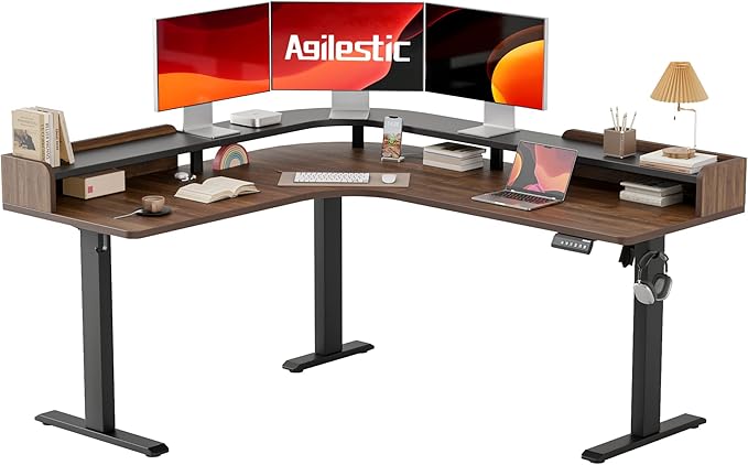 Agilestic L Shaped Standing Desk, Corner Desk with Monitor Shelf, Adjustable Height Gaming Table, Sit Stand Up Table, 63 x 55 Inch Home Office Computer Workstation, Splice Board, Dark Walnut