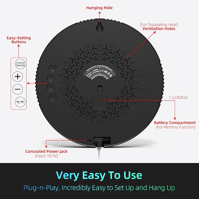 Digital Wall Clock with Large LED Display, Date, Temperature, Auto-Brightness | Small [PLUG-IN] Clock | Modern Electric Wall Clock for Bedroom, Classroom, Living Room, Home, Office, Farmhouse – White