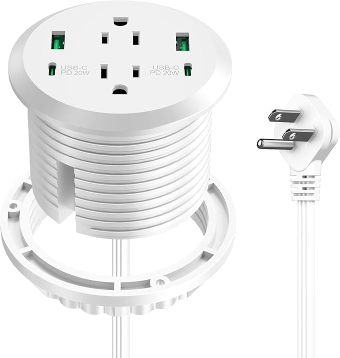 3 inch Desktop Power Grommet with PD 20W USB C,Furniture Recessed Power Strip,2 Outlets,4 USB Ports,40W Total,Flush-Mount for Desktop, Workspace Essential Desk Outlet (White, 6 FT Cable)