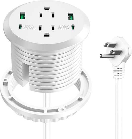3 inch Desktop Power Grommet with PD 20W USB C,Furniture Recessed Power Strip,2 Outlets,4 USB Ports,40W Total,Flush-Mount for Desktop, Workspace Essential Desk Outlet (White, 3 FT Cable)