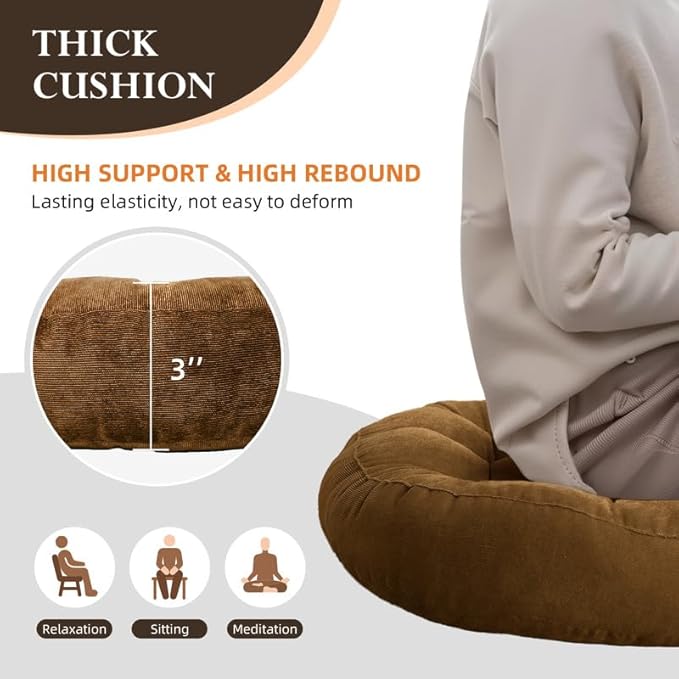 Meditation Floor Pillow Set of 2 Large Round Floor Cushions for Adults Tufted Corduroy Floor Seat Pillows Cushion for Living Room,Yellow 16.5" Lx16.5 Wx3 H