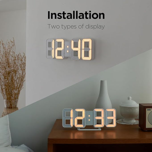 mooas 3D Pure mini White Gold LED Clock, Multi-Function LED Clock (Calendar, Alarm, Temperature) (8.5" White Gold Table Alarm Clock)