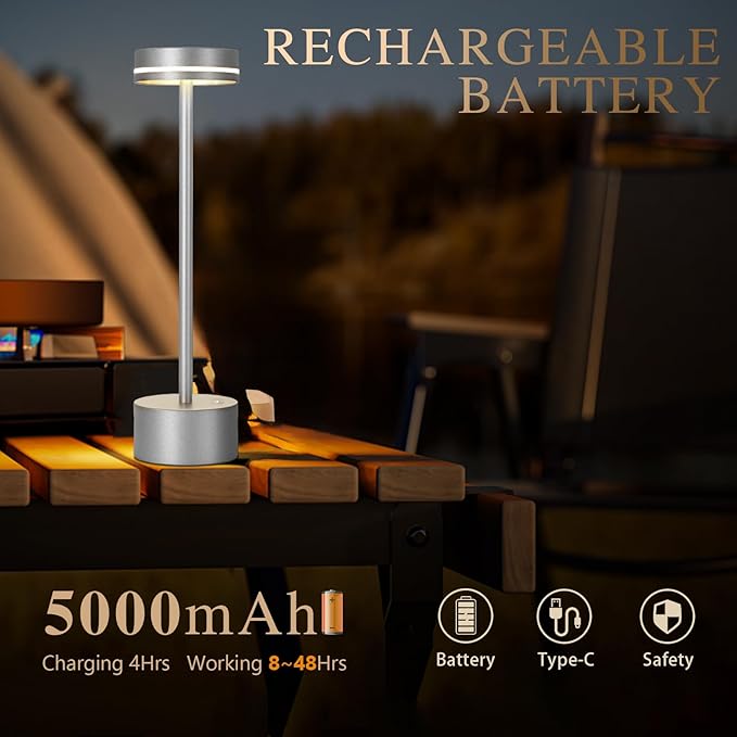 2 Pack Cordless Table Lamp,Bedside Table Lamp for Bedroom,5000mAh Battery Operated Portable LED Desk Lamp,3 Way Dimmable Touch Lamp USB C Charging Ports for Living Room, Desk,Dining Room(Silver)