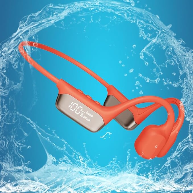 AYI Swim Headphones True Bone Conduction Open Ear Headset LED Screen Power Indicator Underwater MP3 Player Built-in 32G Memory IP68 Waterproof Bluetooth Earphone for Sport Running-S10 Red