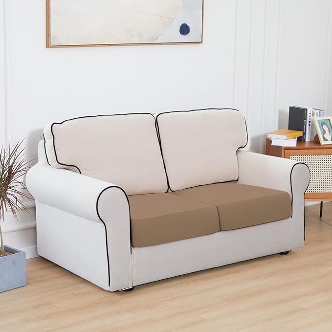 Easy-Going 100% Waterproof Chair Sofa Seat Cushion Slipcovers Couch Cushion Cover Stretch Furniture Protector for Kids, Pets (2-Piece Loveseat Cushion, Camel)