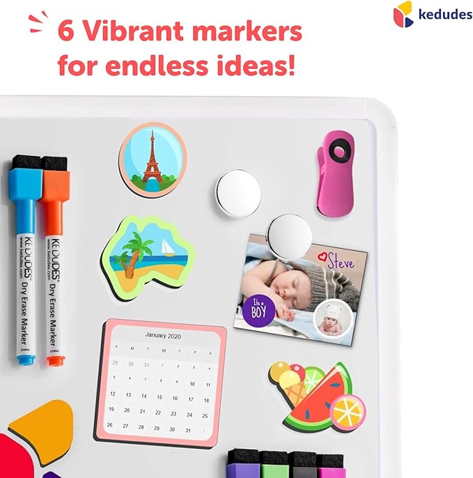 Kedudes Magnetic Dry Erase Board 11 x 14 inches - Board Dudes SRX Magnetic 6-Pack Dry Erase Markers, Assorted Colors - Small - (11x14 with 4 Note Magnets and Markers)