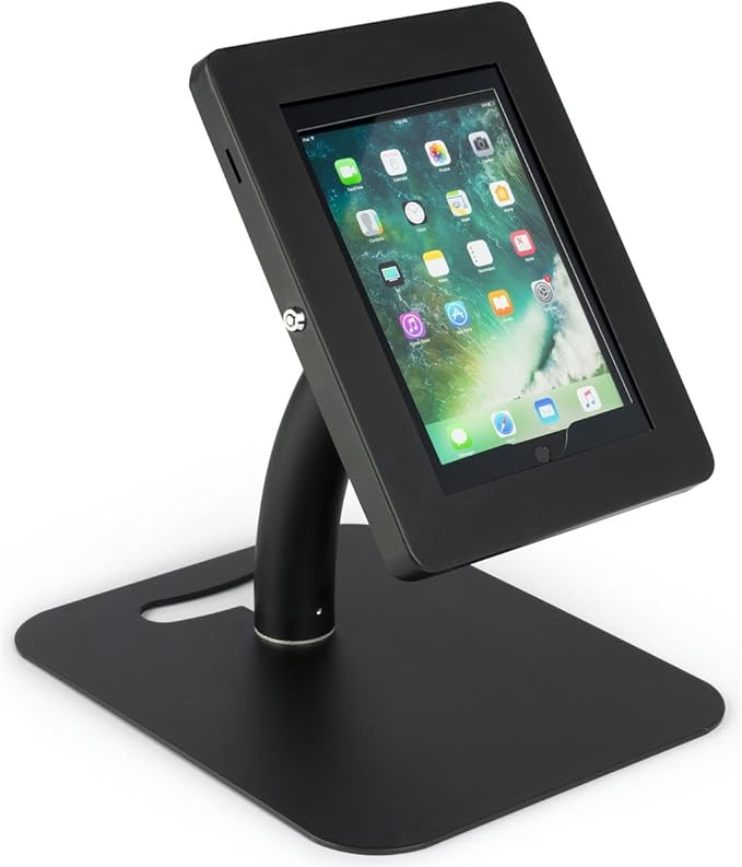 Displays2go Tablet Floor Stand with Locking Enclosure, Adjustable for Countertop Use – Black (IPEVRFLBK2)