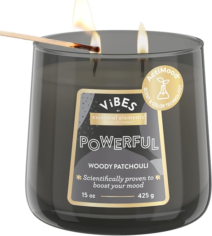 Candle-Lite Vibes Woody Patchouli Mood-Enhancing Scented Candles, 15 oz Jar, Aromatherapy, Proudly Poured in The USA, 2-Wick, 86 Hours Burn Time, Perfect Relaxation Gift