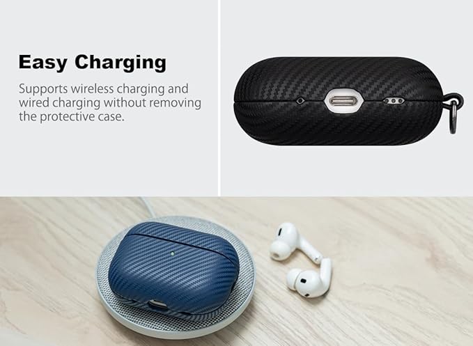 Leather Case - for AirPods Pro 2 Case Cover with Keychain - Selected Skin-friendly Leather, Carbon Fibre Texture, Handmade Shockproof Hard Cover for AirPods Pro 2nd Generation Earbuds - Black