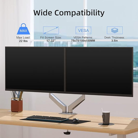Suptek Dual Monitor Mount Stand-Height Adjustable Gas Spring Monitor Arm Desk Mount for 2 Computer Screens 17 to 27 inches - Each Arm Holds up to 13.2lbs,Silver(MD8SPS)
