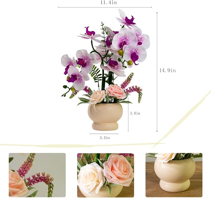 LESING Artificial Orchid Flower with Vase, White Orchid Bonsai Faux Orchid Phalaenopsis Plant Pot Arrangements for Home Decoration (White Purple,Beige Vase)