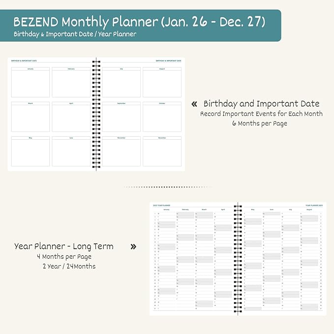 BEZEND Monthly Planner 2026-2027 (Spiral-8.5" x 11") 2 Year Calendar Book with Note Pages - Jan 26 to Dec 27-120 GSM Paper, Inner Pockets, Laminated Tabs, Vegan Leather Softcover - Sky Blue