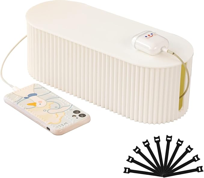 FABROK Cable Management Box with 10 Cable Ties, Organizer Box for Power Strips, Surge Protectors, Chargers, Adapters, TV Computer Wires Cable Hider Box for Home/Office (Small/White)