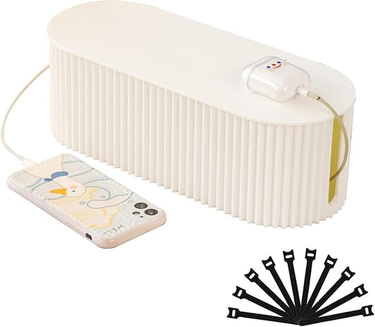 FABROK Cable Management Box with 10 Cable Ties, Organizer Box for Power Strips, Surge Protectors, Chargers, Adapters, TV Computer Wires Cable Hider Box for Home/Office (Small/White)