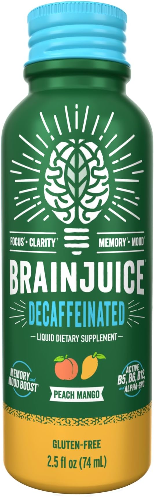 BrainJuice Decaf Brain Support Shot, Gluten Free Supplement Shots for Energy & Focus, Healthy Drinks with Alpha GPC, Vitamin B & Decaffeinated Green Tea Leaf, Peach Mango, 2.5 fl oz, 12 Pack