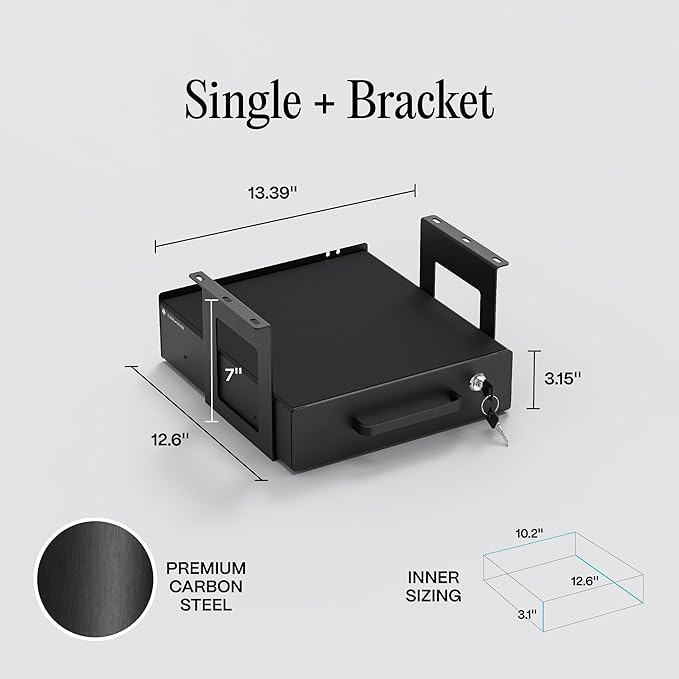 Under Desk Drawer Slide-Out – Lockable Metal Storage Drawer with Cable Management for Office & Home (Single, Bracketed)