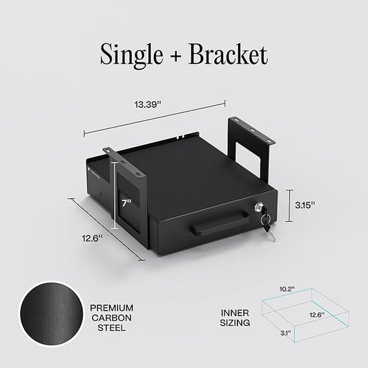 Under Desk Drawer Slide-Out – Lockable Metal Storage Drawer with Cable Management for Office & Home (Single, Bracketed)