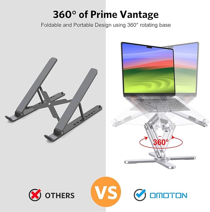 OMOTON 360° Rotating Laptop Stand Riser for Desk, Ergonomic Foldable Computer Stand Adjustable Height Angles for Collaborative Work, Easy Storage Fit Macbooks,All Laptops up to 16 inches, Silver