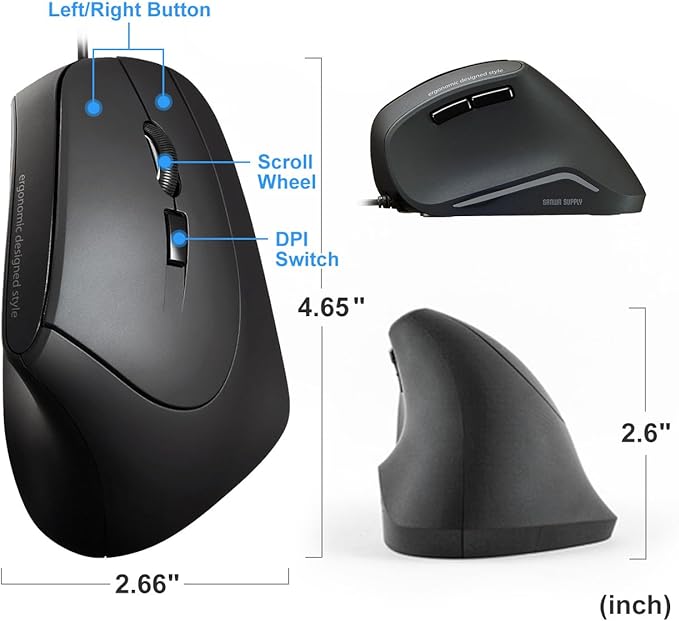 SANWA Wired Ergonomic Mouse, Optical Vertical Computer Mice, Reduce Wrist Strain, (1000/1600 Adjustable DPI, 6 Buttons) Compatible with MacBook, Laptop, Desktop, Windows, Mac OS for Office & Gaming