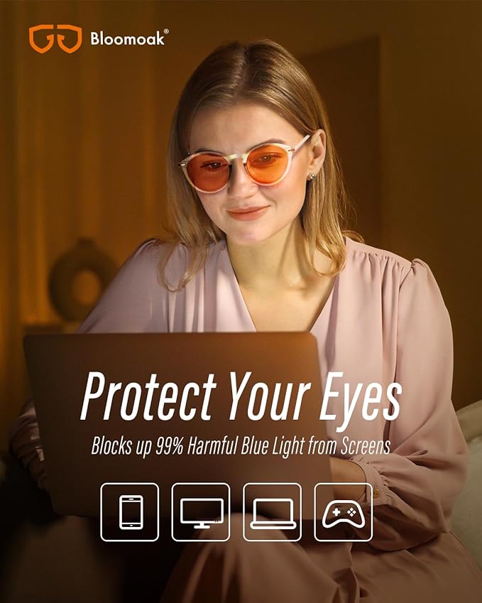 Bloomoak 99% Orange Blue Light Blocking Glasses,Retro Trendy Round Style,Relieve Eye Fatigue,Improve Sleep For Screens/Games