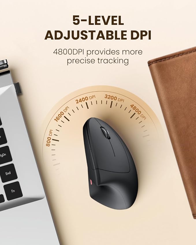 Ergonomic Wireless Rechargeable Mouse, Bluetooth+USB A+Type C(3 in 1) Connection, 5 Levels Up to 4800 DPI, 6 Silent Buttons, 2.4GHz Carpal Tunnel Vertical Mice, for Laptop, Desktop,MacBook-black