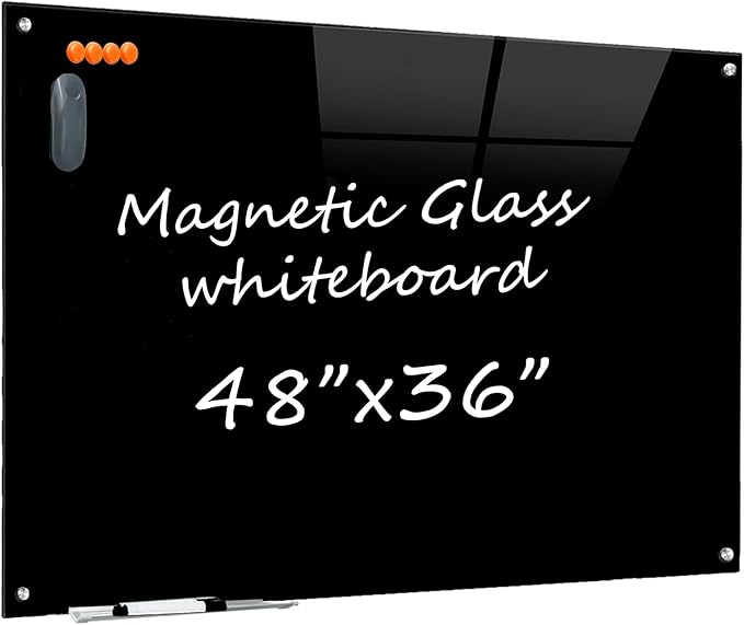 Glass Dry Erase Black Board - Magnetic Blackboard 48"X36" Frameless Whiteboard Clear Glass Boards with Super Strong Magnets, Wall Mounted for Office, Classroom and Home