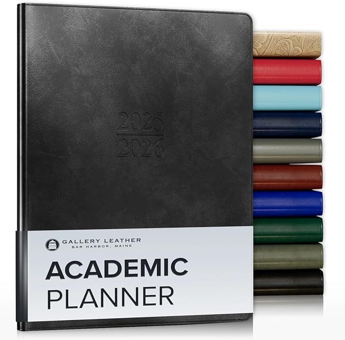 Gallery Leather Academic Planner 2025-2026, Teacher and Student Weekly Monthly Planner, Elegantly Bound Calendar with Gold-Gilded Page Edges, 18 Months - Acadia Black - 9x7"