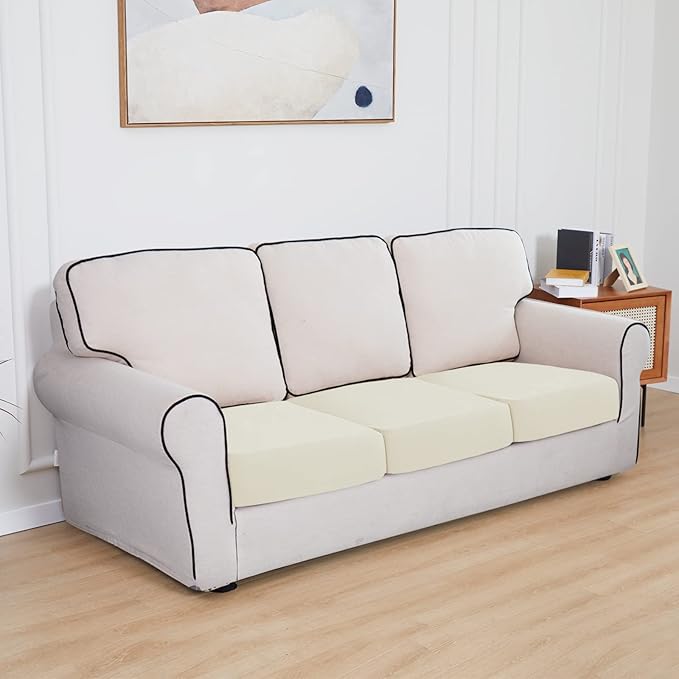 Easy-Going 100% Waterproof Chair Oversized Sofa Seat Cushion Slipcovers Couch Cushion Cover Stretch Furniture Protector for Kids, Pets (3-Piece Oversized Sofa Cushion, Ivory)