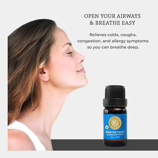Silk Road Organic Breathe Calm Essential Oil Breathe Easy Blend, 100% Pure USDA Certified Aromatherapy for Cold, Cough, Congestion, Allergy Relief, & Wellness - 10 ml Dropper
