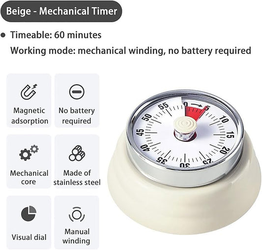 Elegant Stainless Steel Vintage Kitchen Timer with Magnetic Attachment - 60-Minute Countdown & Audible Alarm, Perfect for Cooking, Office Tasks, and Study Sessions (01-Beige)