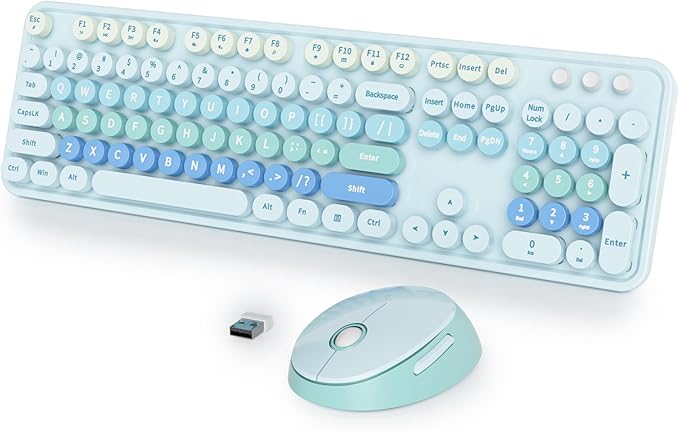 Fogruaden Blue Retro Typewriter Keyboard and Mouse Wireless, 2.4GHz Office Full-Sized Colorful Computer Keyboard with Number Pad and Cute Mouse for Windows PC Desktops Laptop