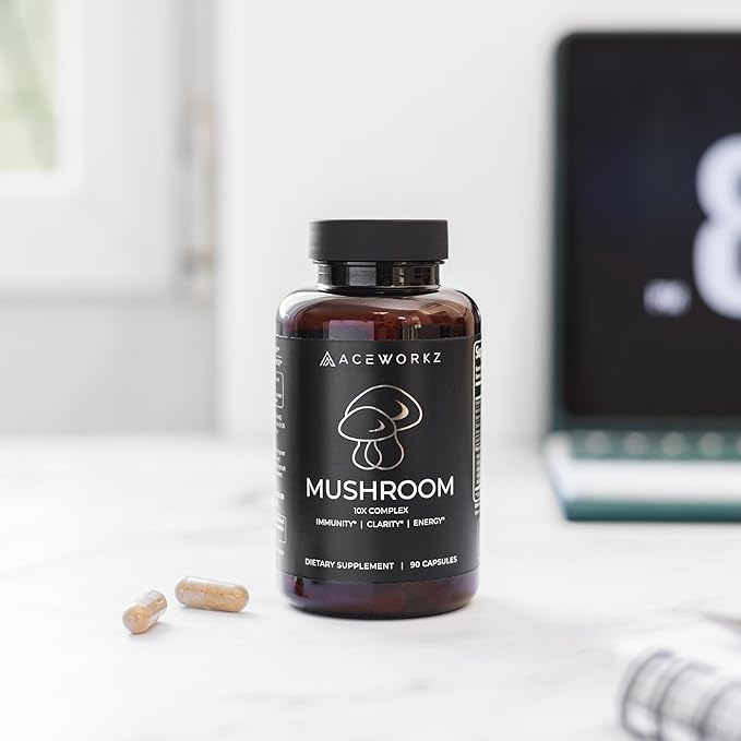 ACEWORKZ 10 Mushroom Complex Supplement - Lion’s Mane, Reishi, Cordyceps & More - Brain Health, Memory & Focus Nootropic - Energy & Immune Support (90 Capsules)
