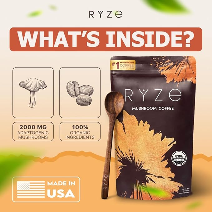 RYZE SUPERFOODS Mushroom Coffee USDA Organic with 6 Adaptogenic Mushrooms and MCT Oil, USA Grown Instant Coffee for Better Energy, Focus, Digestion, Immunity with Lions Mane & Turkey Tail, 30 servings
